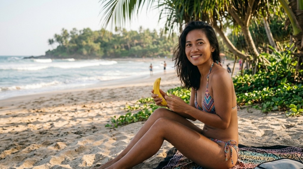 Fotografi wanita di tepi pantai tropis memegang pisang segar sebagai representasi gaya hidup sehat dan vitalitas alami